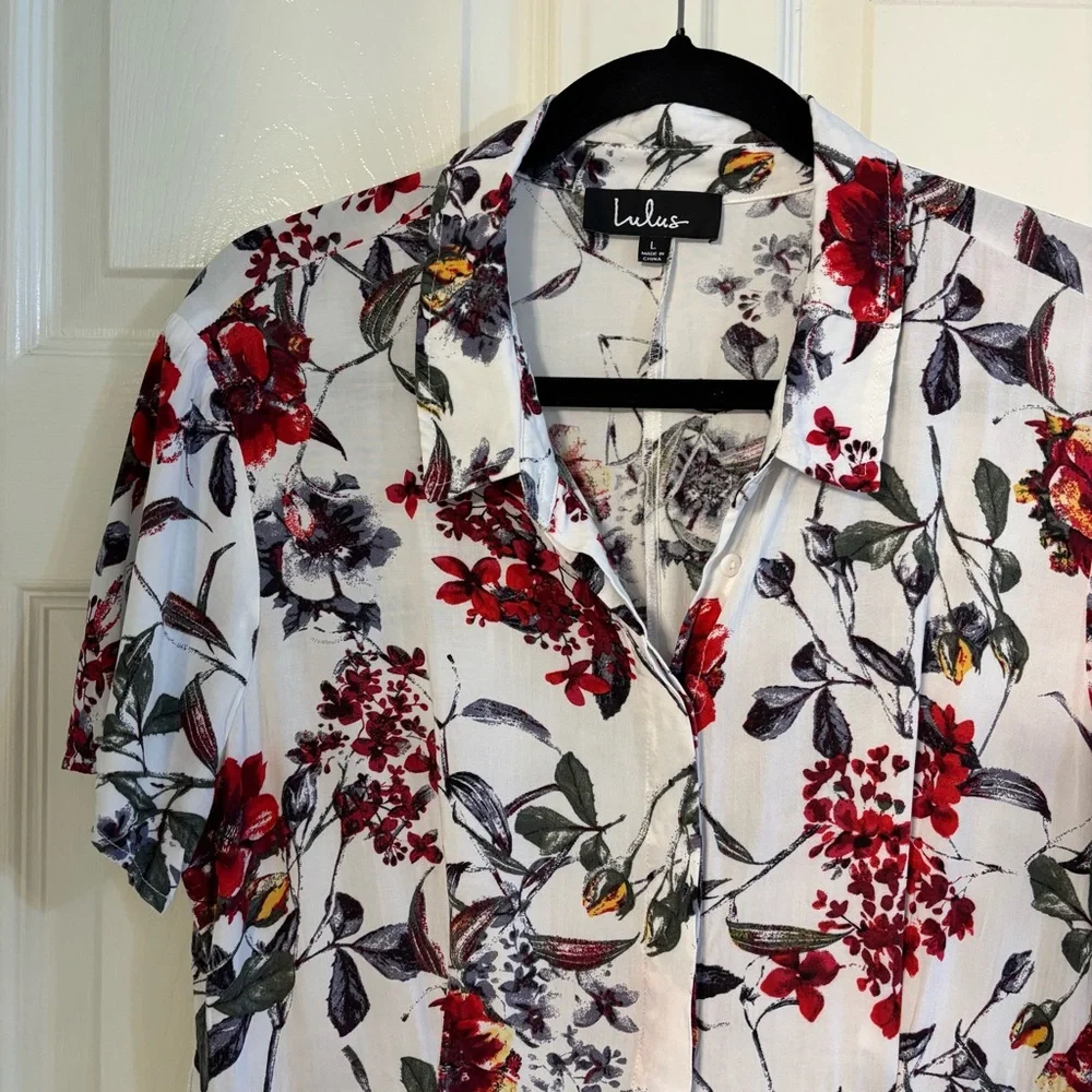 Lulus Floral Shirt Dress Large White Red Belted Fit Flare Mini Dress